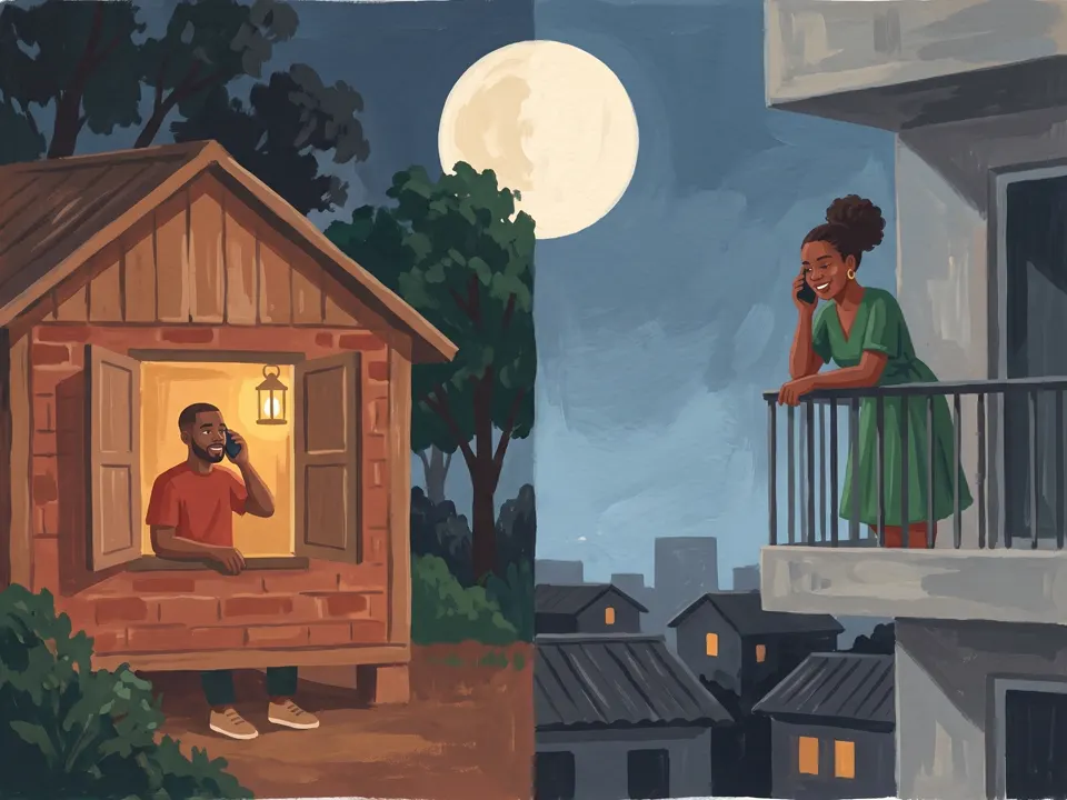 Night. He is at a window among forest trees and she is on a city balcony, both on the phone under the same moon.
