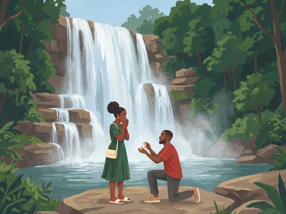 A tall forest waterfall. He is on one knee holding up a ring and she has her hands over her mouth.