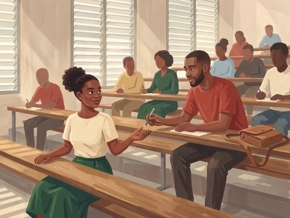 A lecture hall. She has turned round in her seat and he is handing her a pen.