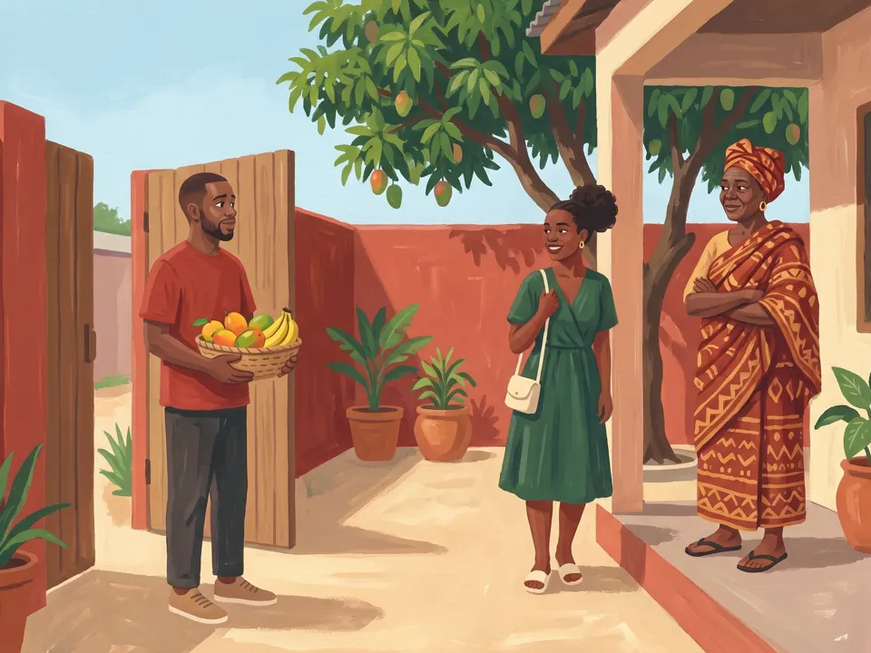 A sunny family courtyard. He stands at the gate holding a basket of fruit while her mother looks him over from the veranda.