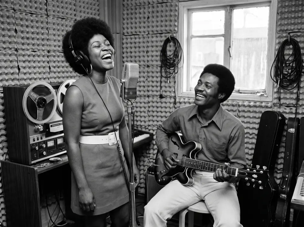 In a small recording studio: she is laughing at the microphone in headphones, he is grinning up at her from his guitar.